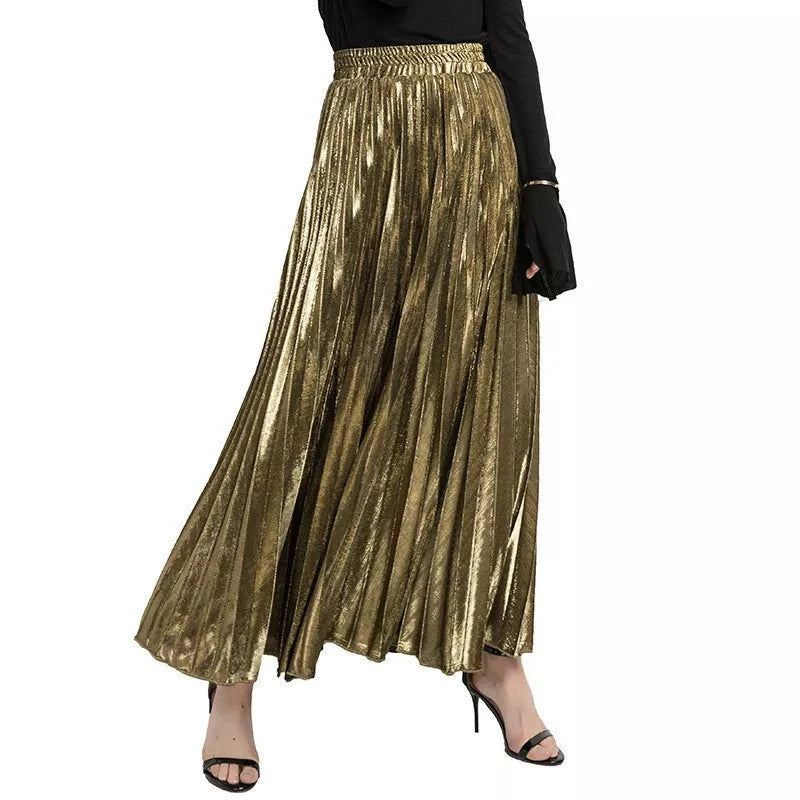 women clothes high waist A-line pleated sliver vintage elastic long halfbody skirt-Dollar Bargains Online Shopping Australia
