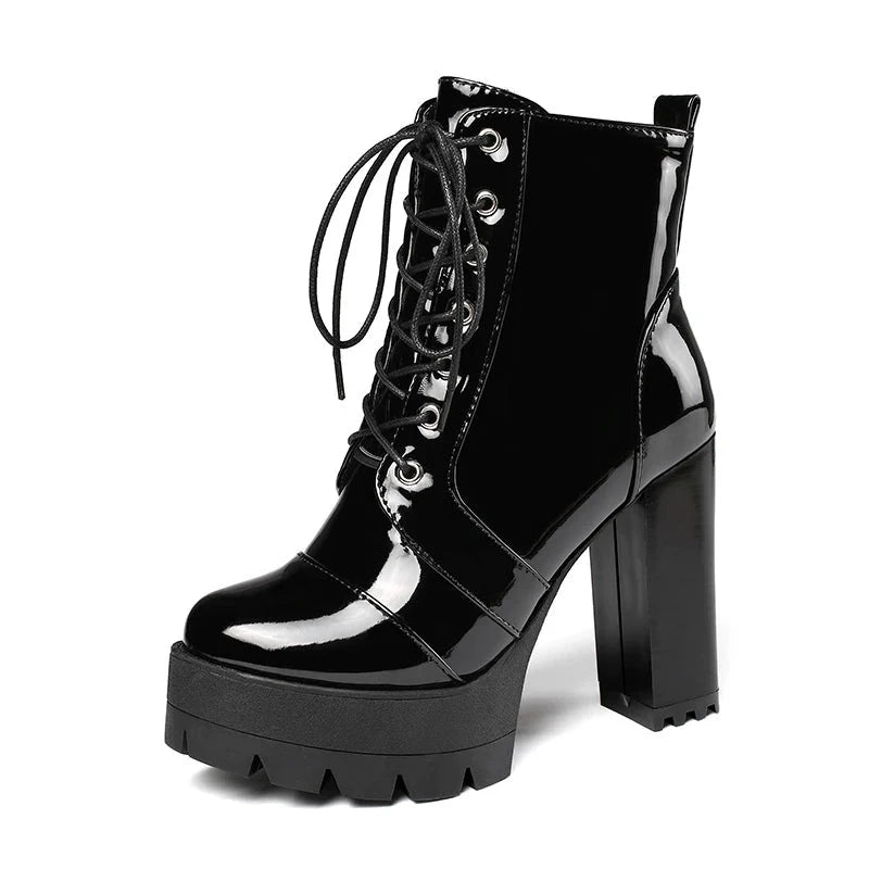 Thick High Heeled Female Patent Leather Ankle Boots Round Toe Lace-up Zipper Women Short Boots Gothic Women Shoes-Dollar Bargains Online Shopping Australia