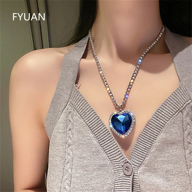 Blue Heart Crystal Necklaces for Women Long Chain Pendant Necklaces Statement Jewelry-Dollar Bargains Online Shopping Australia