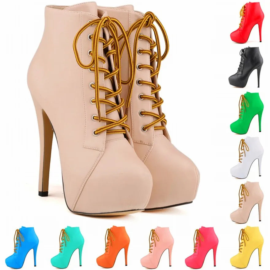 Women Short Boots High Heels Platform Lace Up Retro Shoes Female Soft Leather Fashion Ankle Booties Party Round Toe-Dollar Bargains Online Shopping Australia