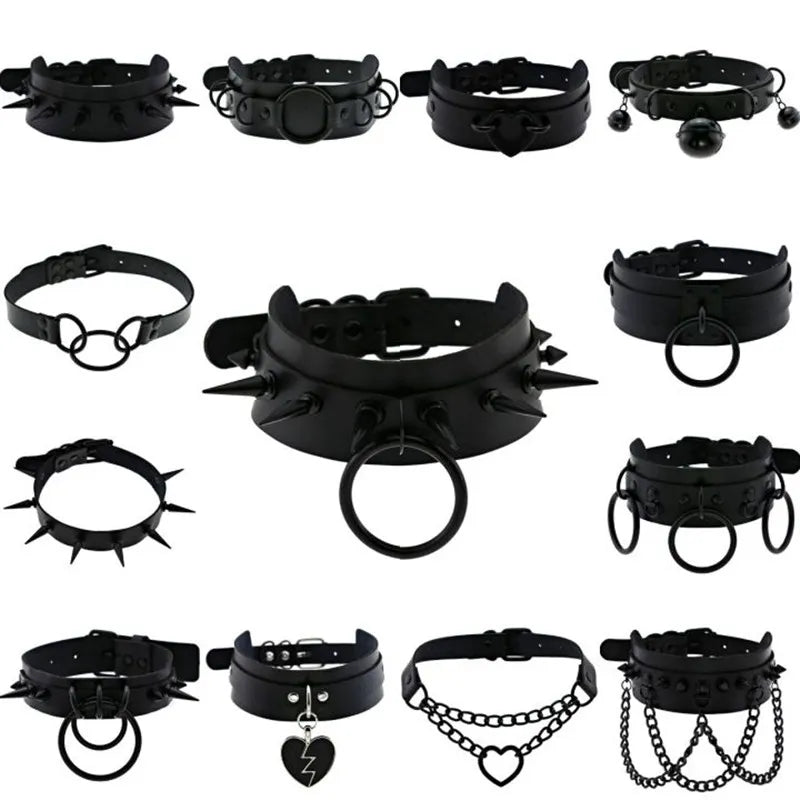 Halloween Emo Cosplay All Black Goth Choker Necklaces For Women Men Punk Spike Rivet Round Heart Bell Belt Necklaces Y2K Jewelry-Dollar Bargains Online Shopping Australia