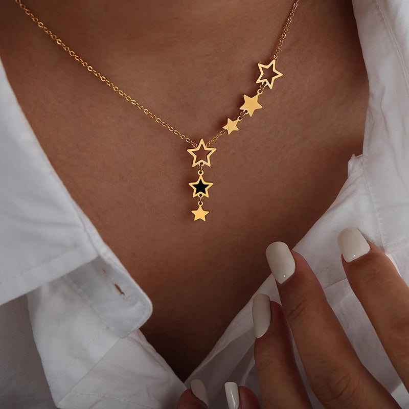 Star Pendant Necklace for Women Stainless Steel Gold Plated Chain Black Acrylic Fashion Jewelry-Dollar Bargains Online Shopping Australia