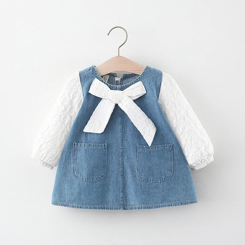 Newborn baby Girls Spring fall clothes Outfits Bow Denim Dress costume