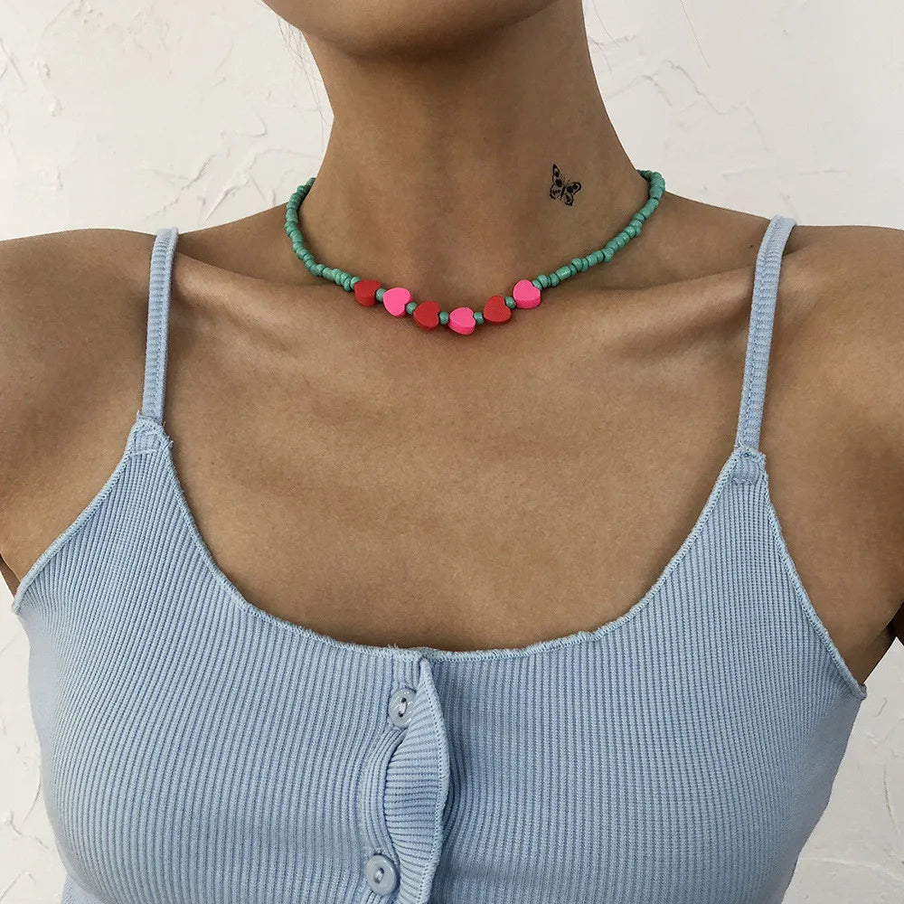 Boho Choker Simple Vintage Red Heart Shape Necklace For Women Fashion Collar Beads Jewelry Party Gift-Dollar Bargains Online Shopping Australia