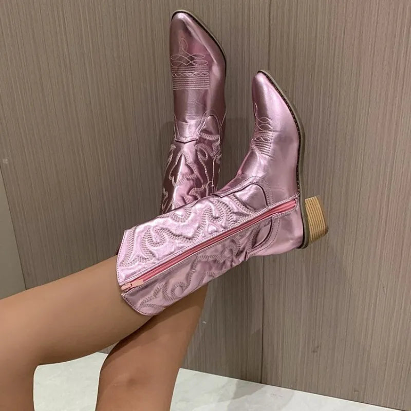 Cowboy Western Boots Shiny Metallic Women Embroidery Knee High Stiletto Pointed Toe Pink Shoes-Dollar Bargains Online Shopping Australia