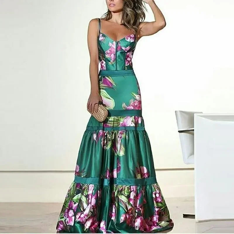 Women Boho Sexy Suspender Print Maxi Dress Sleeveless Long Skirt Fashi