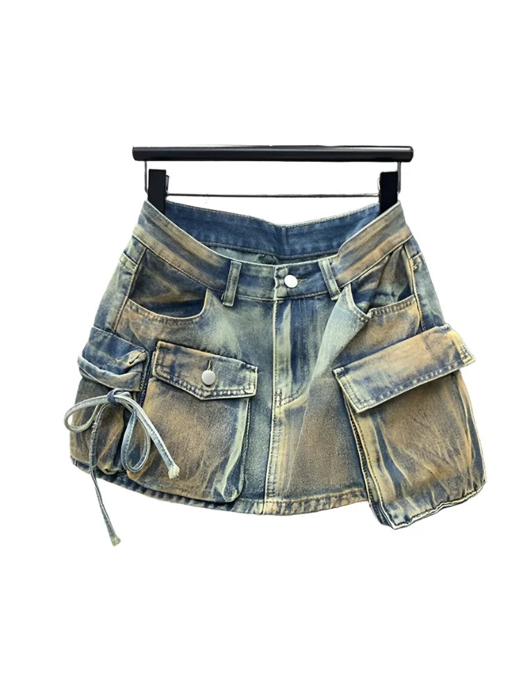 Women's Denim Skirts Multiple Pockets Patchwork Washed Lace-up Cargo A-line Mini Skirt-Dollar Bargains Online Shopping Australia