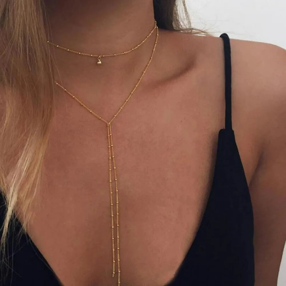 Simple Gold Silver Color Chain Choker Necklace Long Beads Tassel Chocker Necklaces For Women Collar-Dollar Bargains Online Shopping Australia