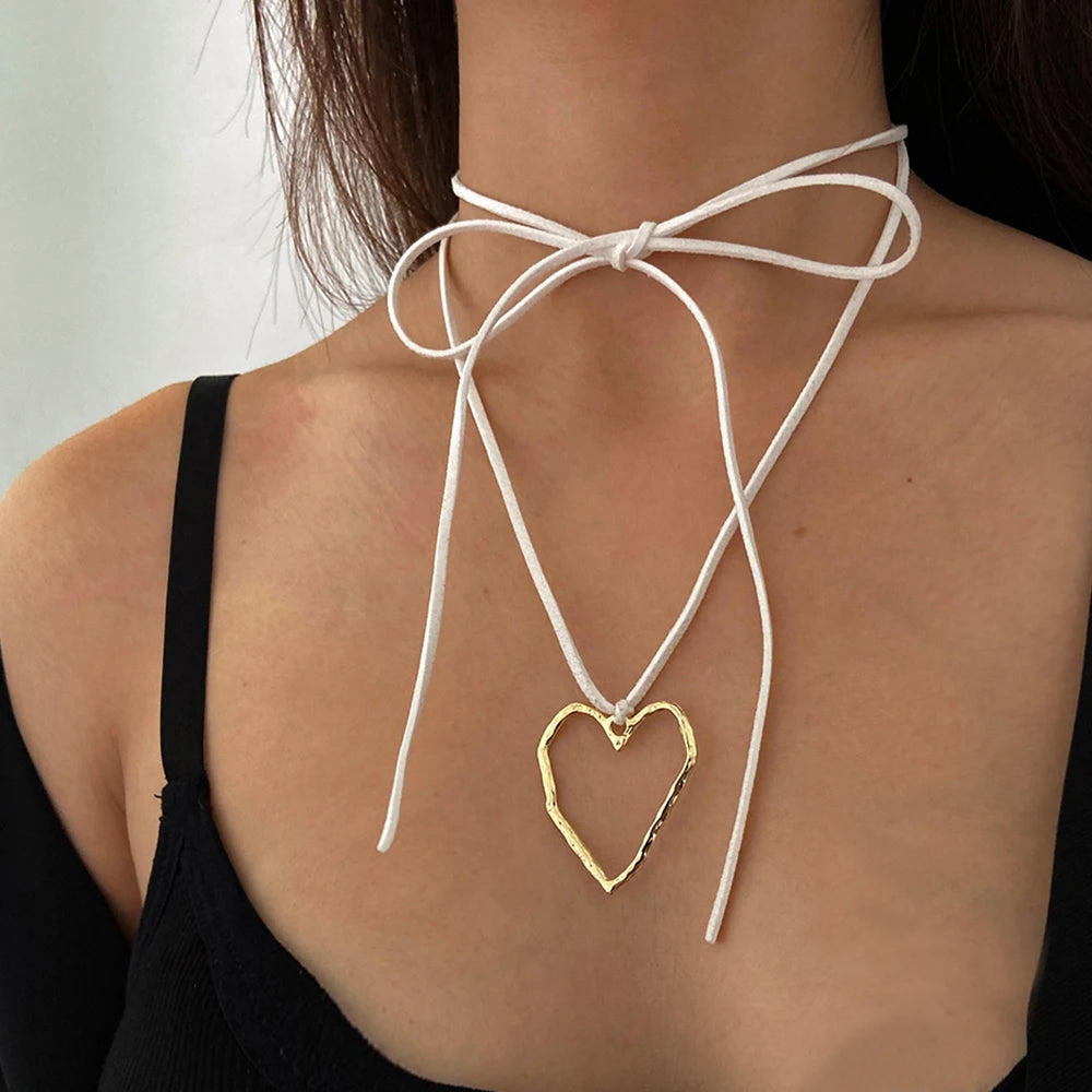 Summer Leather Chain Large Abstract Heart Pendant Colar Long Suede Leather Necklace Jewelry Gift-Dollar Bargains Online Shopping Australia