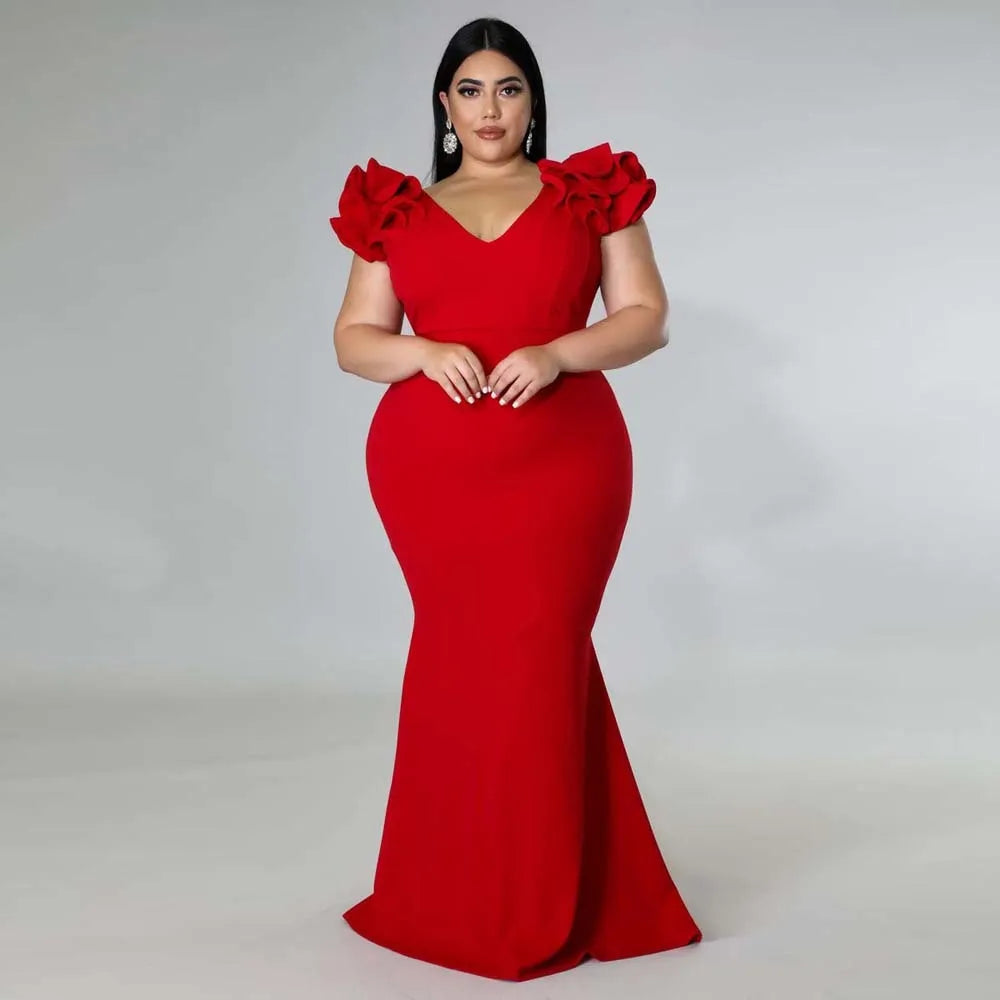 Plus Size Evening Dress Elegant Lady Ruffle Red Black Sexy Backless La