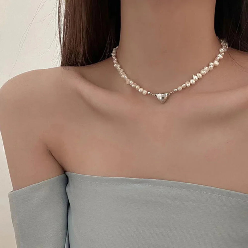 Pearl Chain Choker Necklace Magnetic Heart Pendant Women Girls Jewelry Bridal Engagement Gifts-Dollar Bargains Online Shopping Australia