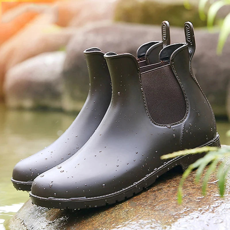 Women Fashion Chelsea Rain Boots Basic Shiny Ankle Boots Waterproof Shoes with Elastic Band Non-slip Comfortable Boots-Dollar Bargains Online Shopping Australia