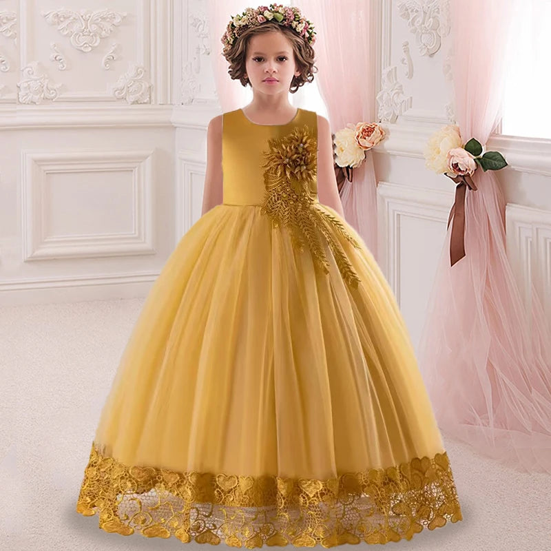 Kids Dress Flower Long Beading Elegant Teenagers Prom Gowns Dresses Gi