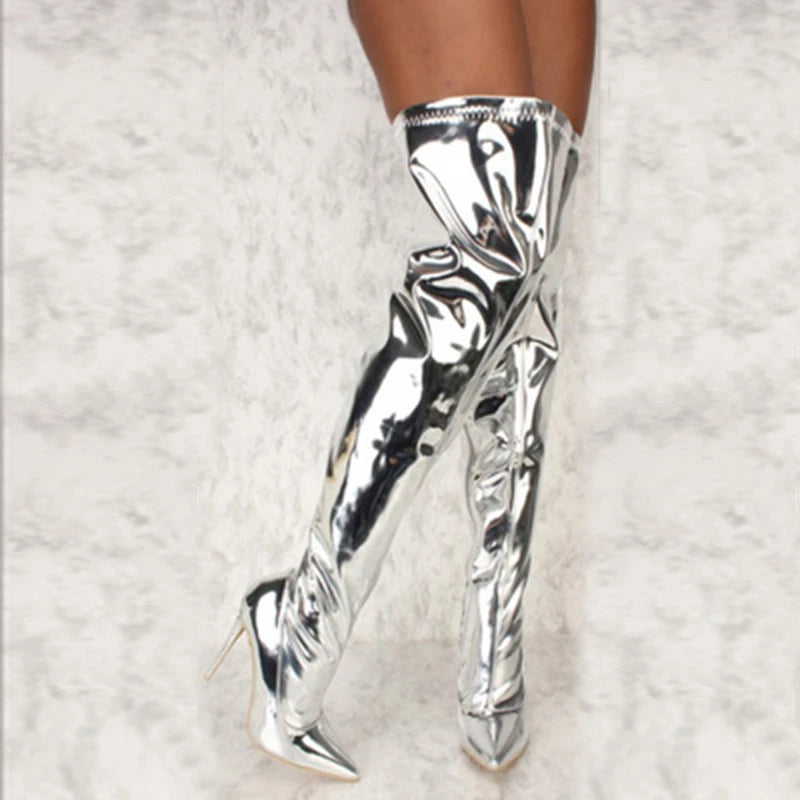 Women Sexy Silver Mirror Thigh High Boots T Show Pointy Toe Club Party Shoes Thin High Heels Over The Knee Long Boots For Women-Dollar Bargains Online Shopping Australia