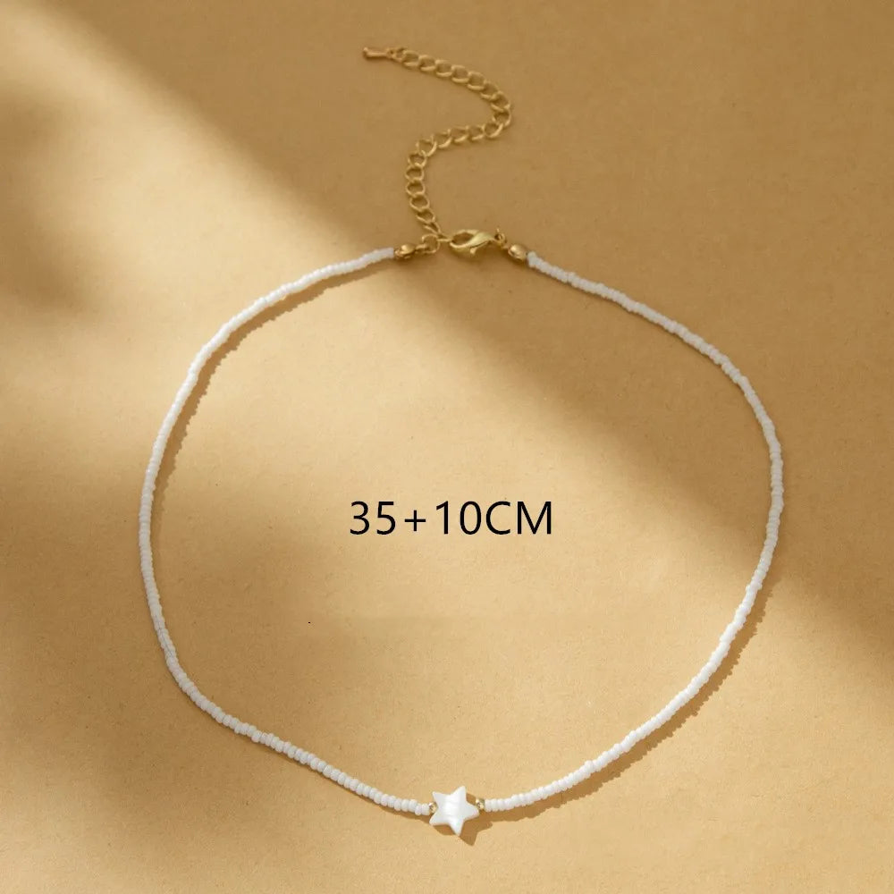 Fashion Choker Necklace for Girl Women White Seed Beads Necklace with Shell Love Heart Pendant Trendy Neck-Dollar Bargains Online Shopping Australia