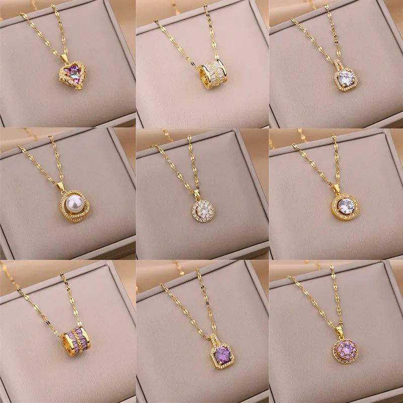 Zircon Crystal Pendant Clavicle Chain Necklace For Women Stainless Steel Jewelry Female Wedding Party Accessorie-Dollar Bargains Online Shopping Australia
