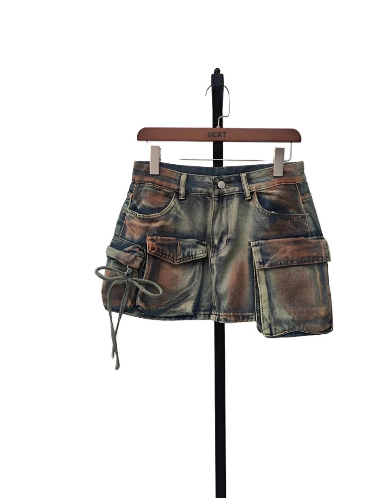 Women's Denim Skirts Multiple Pockets Patchwork Washed Lace-up Cargo A-line Mini Skirt-Dollar Bargains Online Shopping Australia
