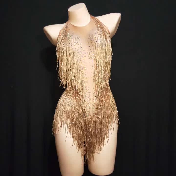 Sparkly Gold Rhinestones Tassel Bodysuit One Piece Leotard Dance Wear