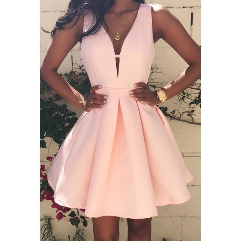 Summer Sexy Women Dress Deep V-Neck Backless Sleeveless Pink Dresses C