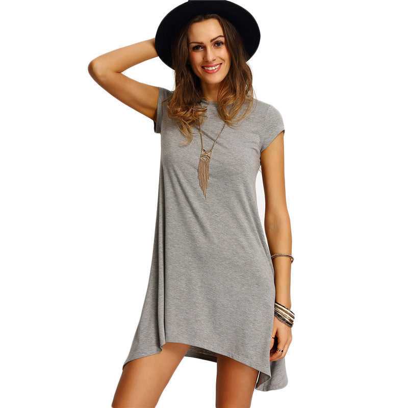 Womens Summer Dresses Ladies Grey Asymmetric Hem Casual Round Neck Sho