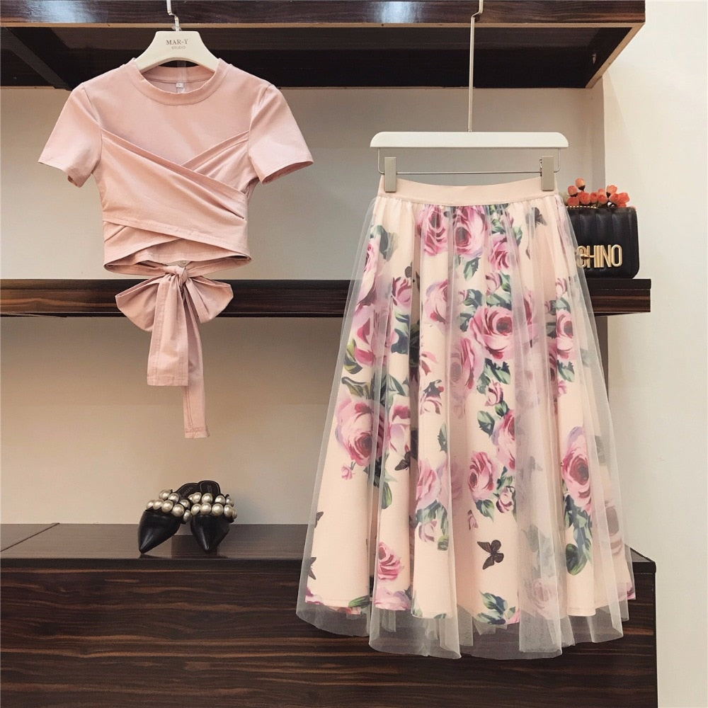 Women Irregular T Shirt Mesh Skirts Suits Bowknot Solid Tops Vintage Floral Skirt Sets Elegant Woman Two Piece Set-Dollar Bargains Online Shopping Australia