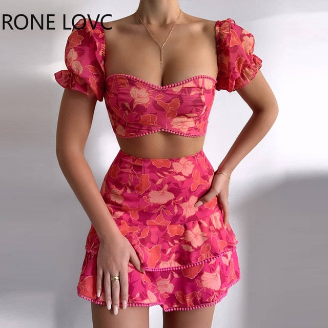 Women Floral Print Pom Pom Ruffles Top & Layered Skirt set Casual 2 Pieces Set-Dollar Bargains Online Shopping Australia