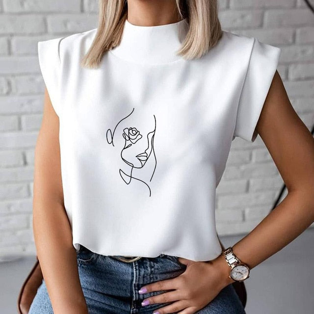 Women's Blouse Thin Abstract Art Rose Face Print O-Neck Short Sleeve White Female Casual Shirt Slim Summer Office Lady Tops-Dollar Bargains Online Shopping Australia