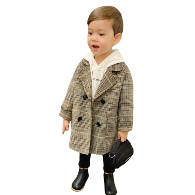 Winter Grid Jackets Boys Girls Woolen Double-breasted Baby Boy Trench Coat Lapel Autumn Kids Outerwear Coats Wool Coat Overcoat-Dollar Bargains Online Shopping Australia