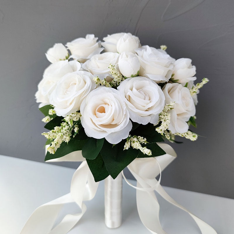 Bridal Bridesmaid Wedding Bouquet White Silk Flowers Roses Artificial