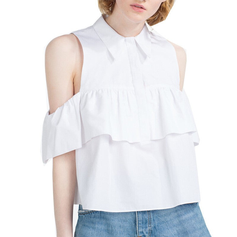 Summer Fashion Women Off Shoulder Ruffles Shirt Lapel Hollow out Blouse Casual Tops plus size-Dollar Bargains Online Shopping Australia