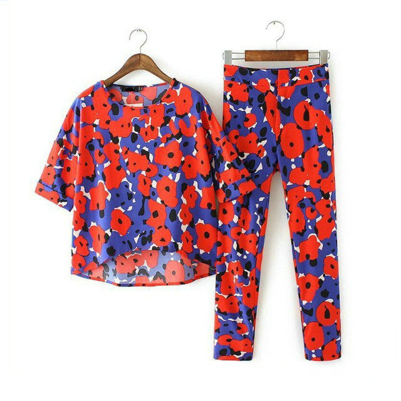 Fashion Summer Pant Set Women Suit Two-piece Suits Female Trouser Sets Chiffon Red Twin 2 Piece Elegant Floral Tracksuit-Dollar Bargains Online Shopping Australia