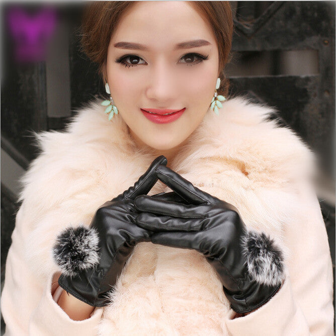 1 Pair Beautiful Rabbit Fur Ball PU Leather Gloves For Winter Gloves Brand Mitten Luvas Women Gloves Female Gloves-Dollar Bargains Online Shopping Australia