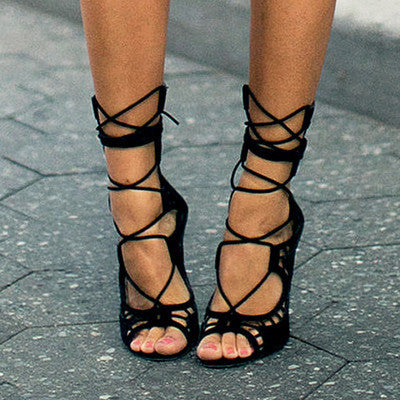 Women Pumps Brand Designer High Heels Cut Outs Lace Up Open Toe Party