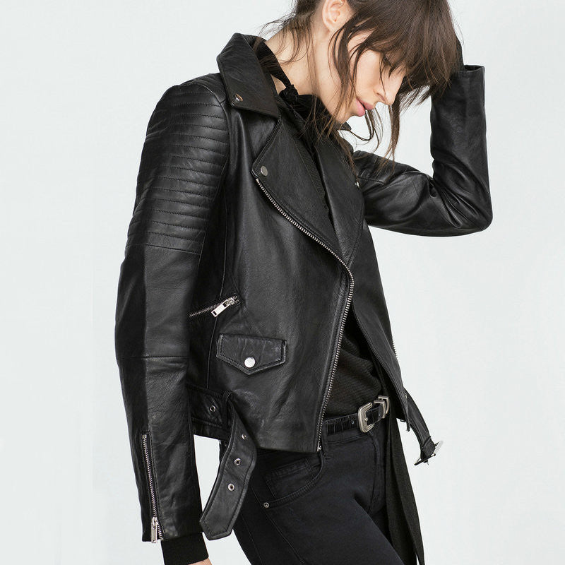 Fashion Women Faux Leather Jacket Ladies Motorcycle PU Black Long Sleeve Coat with Belt-Dollar Bargains Online Shopping Australia