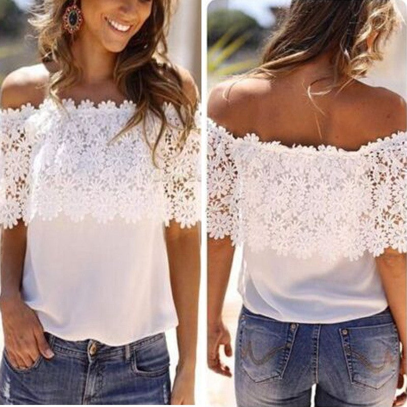 Summer Style Women Sexy Tops Casual Off Shoulder Blouse Chiffon Lace Floral Blouse Solid Shirts-Dollar Bargains Online Shopping Australia