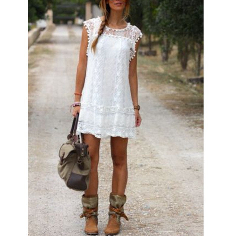 Women Casual Solid Short Sleeve Slim Lace Mini Dress Tops Ladies Sexy White Dress Plus Size-Dollar Bargains Online Shopping Australia