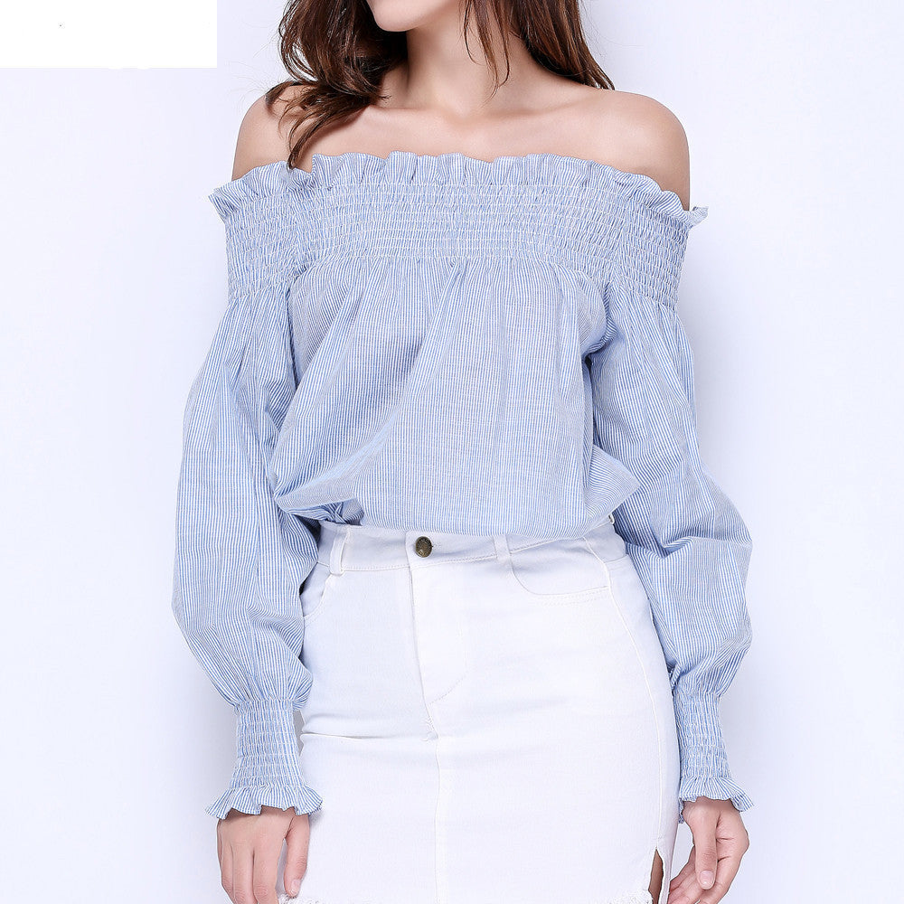 Women Girls Fashion Cotton Blue White Striped Tops Off the Shoulder Long Sleeve Shirts Loose Elastic Ruffle Blouses-Dollar Bargains Online Shopping Australia