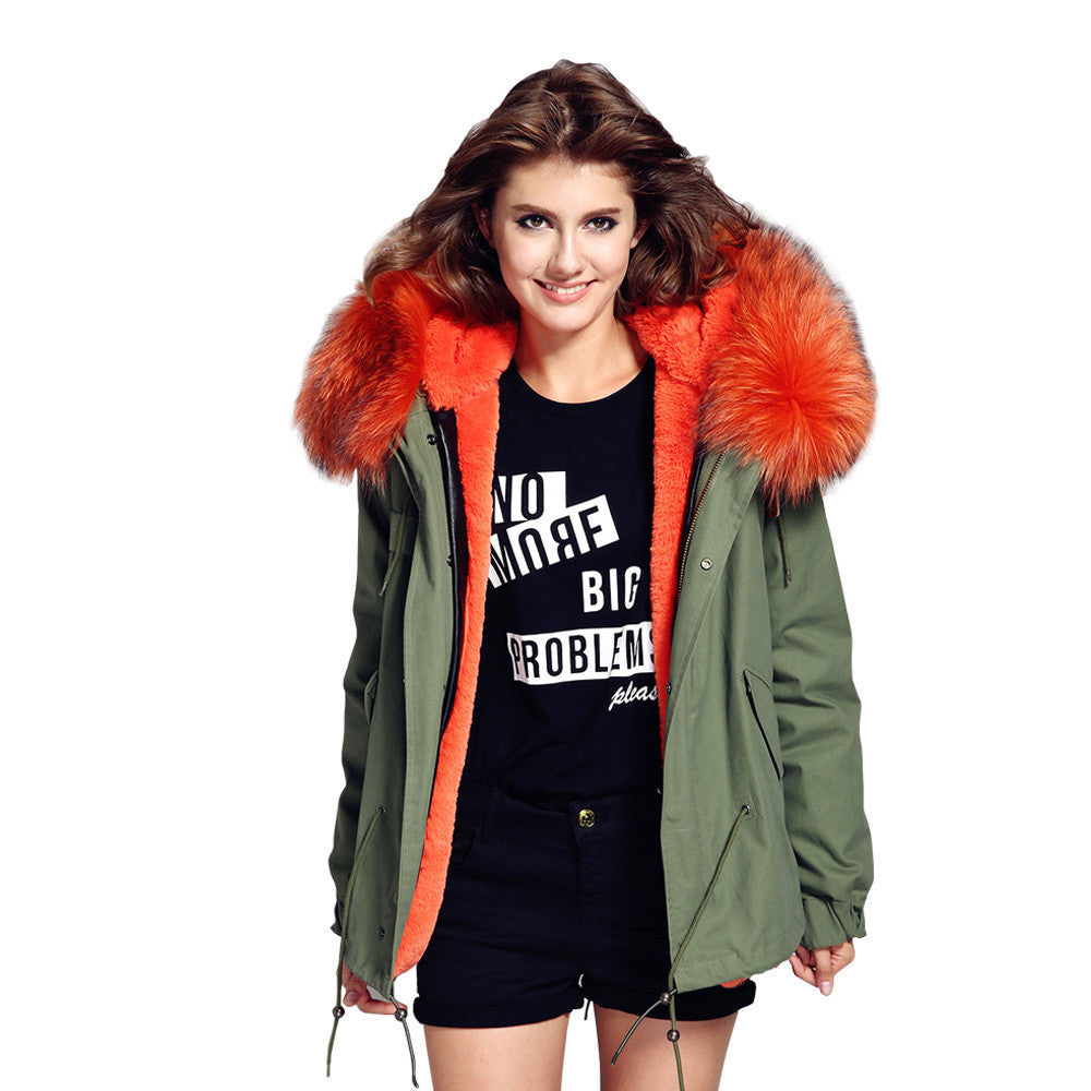 women's army green Large raccoon fur collar hooded coat parkas outwear 2 in 1 detachable lining winter jacket brand style-Dollar Bargains Online Shopping Australia