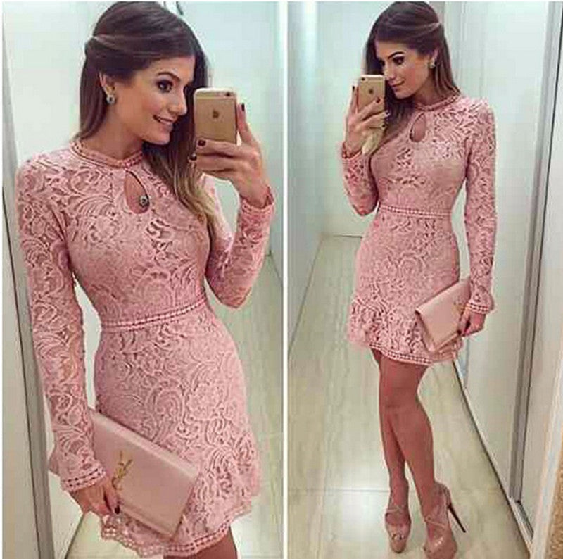Women Autumn Fashion Sexy lace Party Dresses Fall Long Sleeve Pink Min
