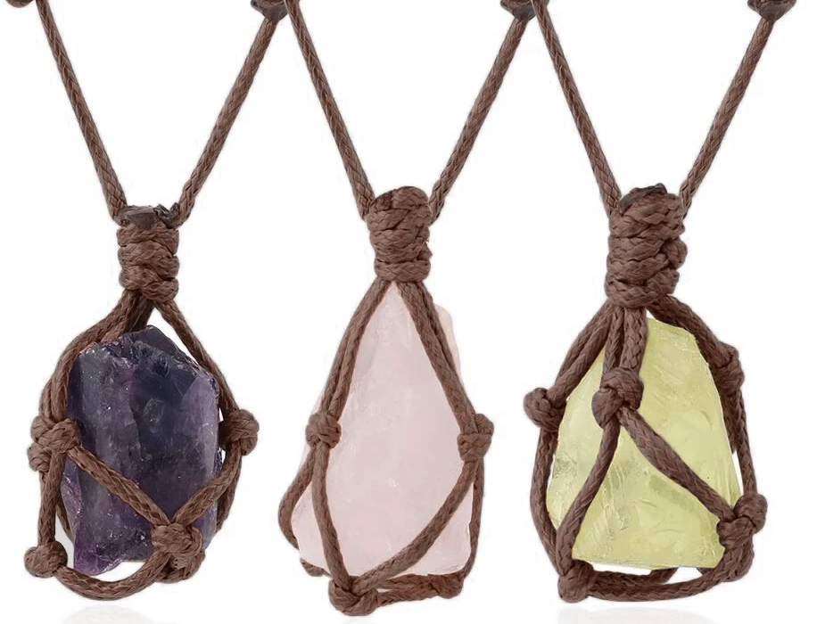 Natural Stone Rope Wrap Necklace Irregular Rose Crystal Quartz Pendant Necklaces Adjustable Women Girl Vintage Jewelry G317