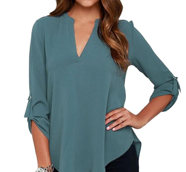 Half Sleeve Women V Neck Loose Casual Collar Chiffon Shirt Tops