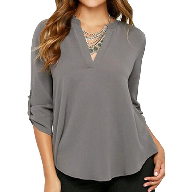 Half Sleeve Women V Neck Loose Casual Collar Chiffon Shirt Tops