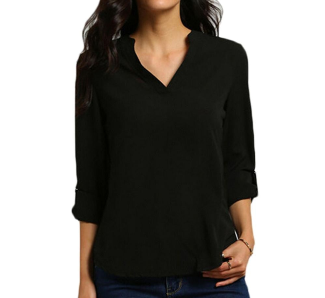 Half Sleeve Women V Neck Loose Casual Collar Chiffon Shirt Tops