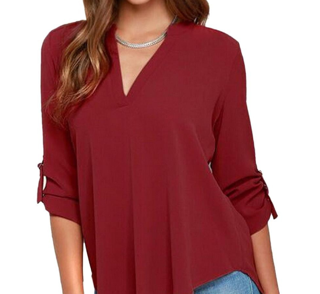 Women V-neck Chiffon Blouse Casual Long Sleeve Solid Shirts Tops Plus Size 5XL