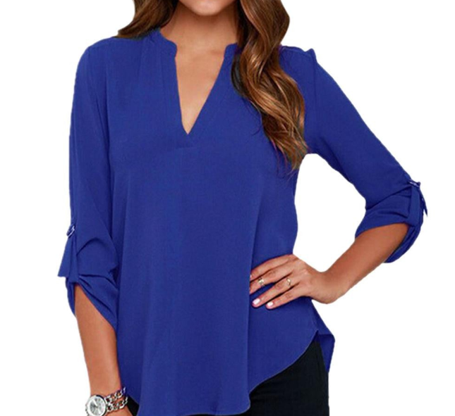 Half Sleeve Women V Neck Loose Casual Collar Chiffon Shirt Tops