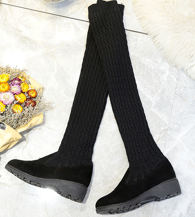 Women Boots Ladies Fashion Flat Bottom Boots Shoes Over The Knee Thigh High Knitting wool Long Brand Boots