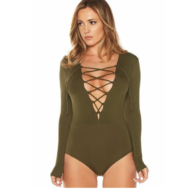 Trendy Womens Tops Plus Size Long Sleeve Deep V Neck Cross Lace Up Slim Women Hollow Out Tee Top