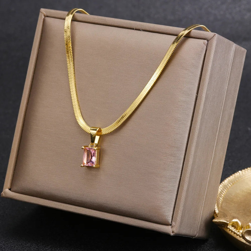 Vintage Rust Steel Zircon Necklace Flat Snake Bone Chain Blade Chain Square Emerald Pendant Necklace Women-Dollar Bargains Online Shopping Australia