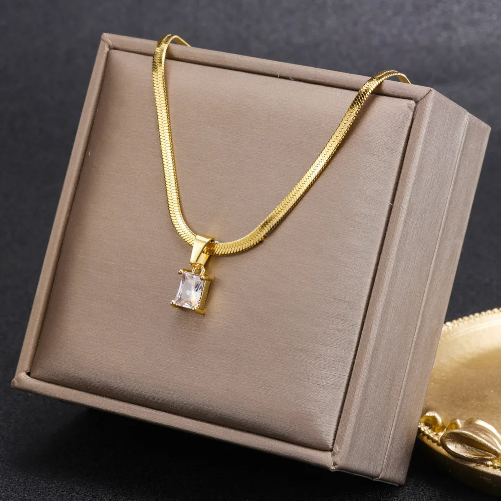Vintage Rust Steel Zircon Necklace Flat Snake Bone Chain Blade Chain Square Emerald Pendant Necklace Women-Dollar Bargains Online Shopping Australia