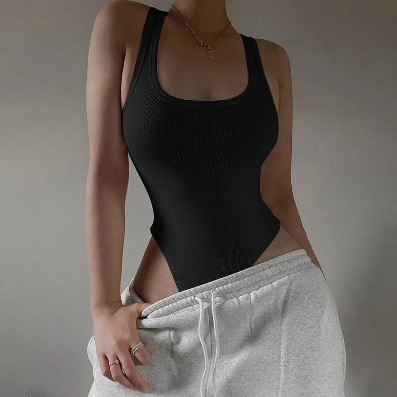 Y2K Women Skinny Bodysuit Summer New Solid U-Neck Halter Vest Sleeveless Short Bodysuit Skinny Yoga Women's Sports Jumpsuit